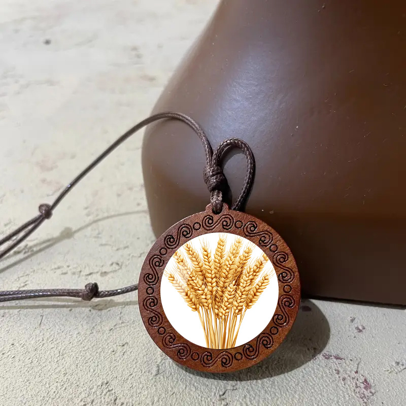 Wooden Wheat Ears Pendant Necklace with Adjustable Rope